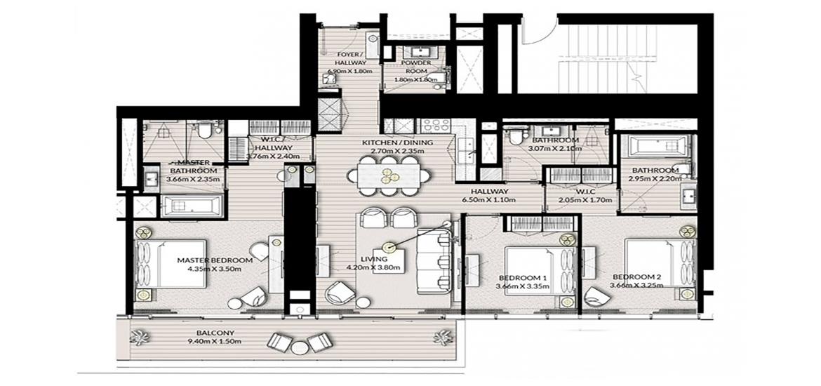 Floor plan «3BR 156SQM», 3 bedrooms in VIDA RESIDENCES DUBAI MARINA
